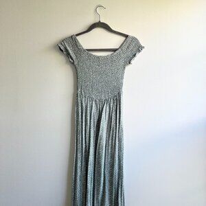 Sage green off-shoulder midi dress with white florals